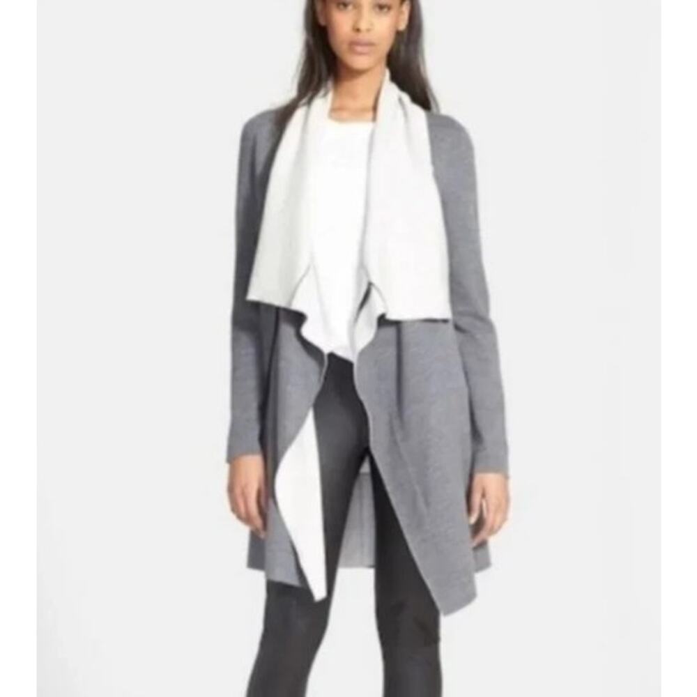 Vince Two Tone Waterfall Front Long Wool Blend Jersey Cardigan Small